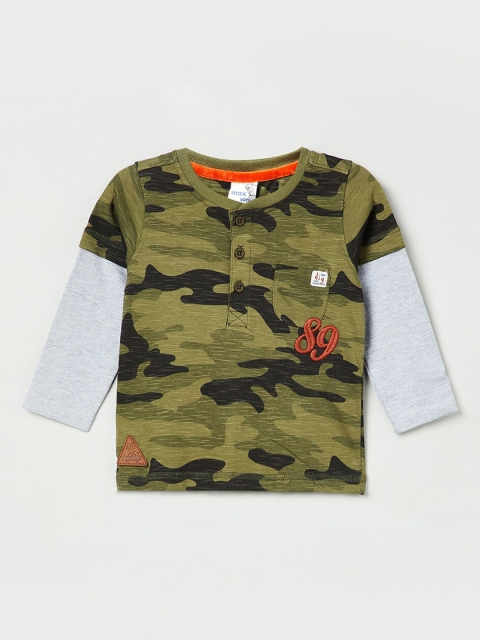 

max Boys Olive Green Camo Printed Henley Neck T-shirt