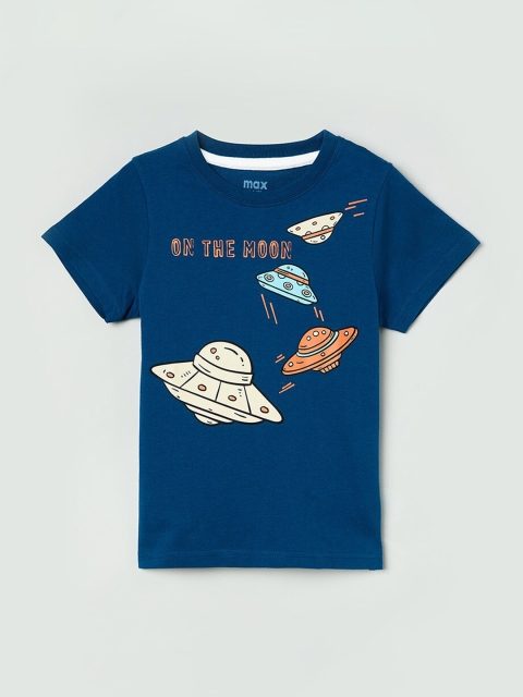 max Boys Blue & Off-White Printed Round Neck T-shirt