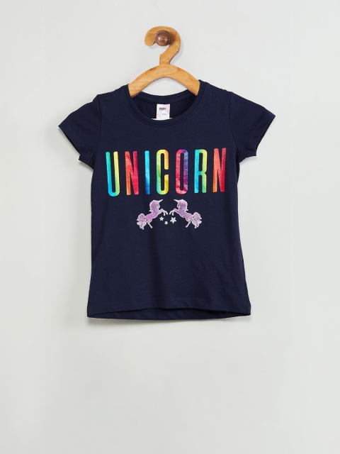 

max Girls Blue Printed Round Neck T-shirt
