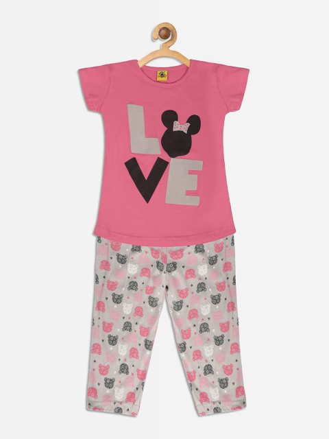

Punkster Girls Peach-Coloured & Grey Printed Night Suit