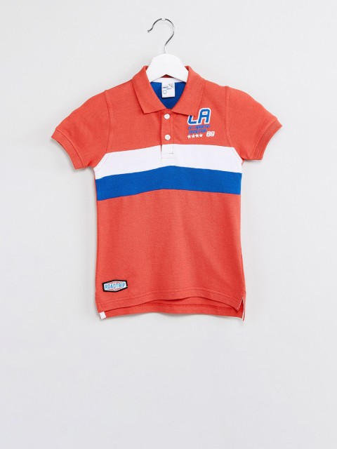 

max Boys Peach-Coloured & White Striped Polo Collar T-shirt
