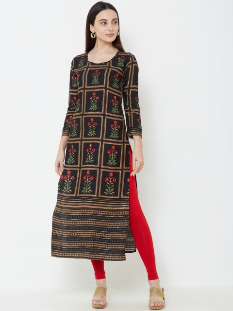 

FASHOR Women Black & Brown Floral Print Straight Kurta