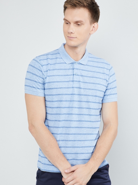 

max Men Blue Striped Slim Fit Polo Collar T-shirt