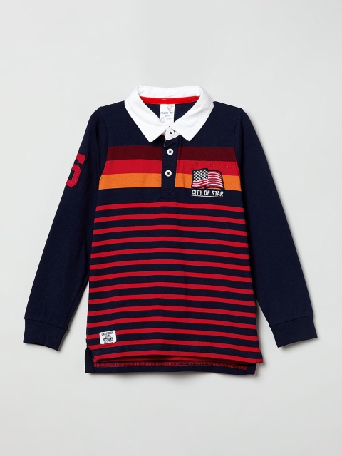 

max Boys Navy Blue & Red Striped Polo Collar T-shirt