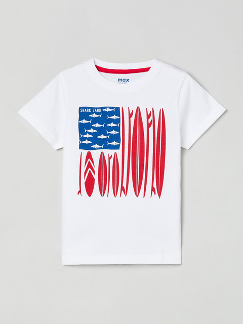 

max Boys White & Red Printed Round Neck T-shirt