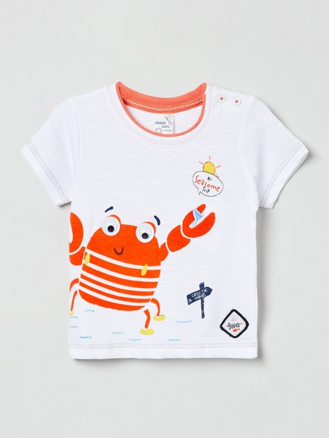 

max Boys White Printed Round Neck T-shirt