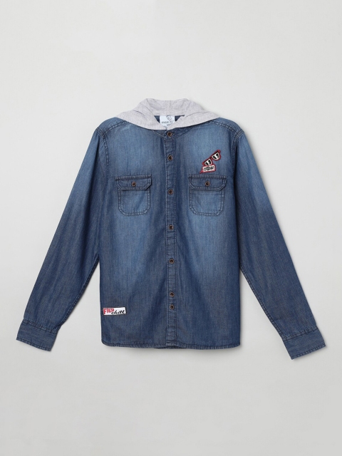 

max Boys Navy Blue Regular Fit Faded Hooded Casual Shirt