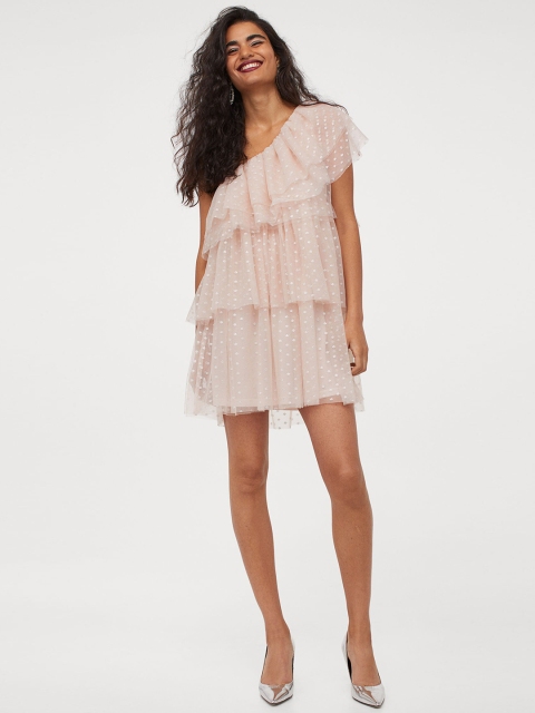 H&M Women Pink Solid Tiered Tulle Dress