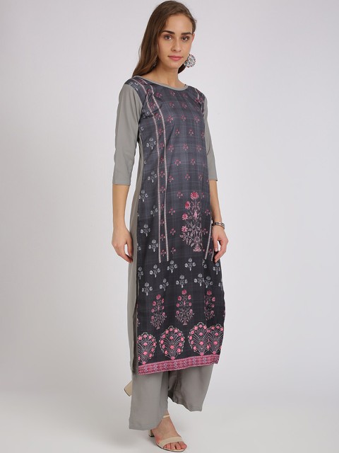 

Silk Bazar Women Grey & Pink Floral Print Kurta with Palazzos
