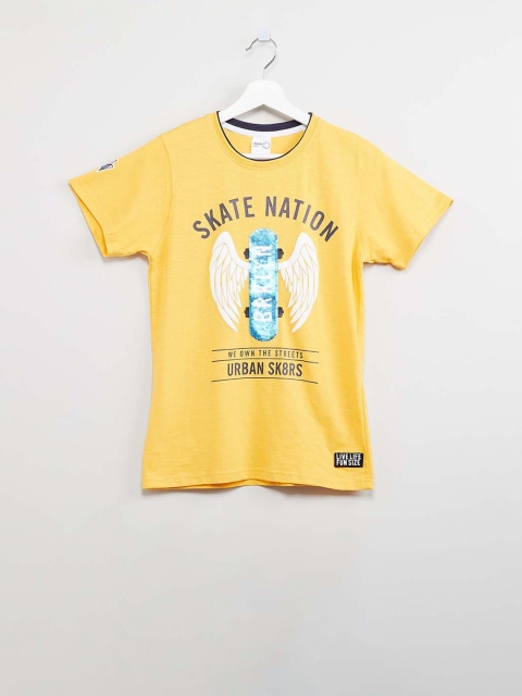 max Boys Yellow & White Printed Round Neck T-shirt