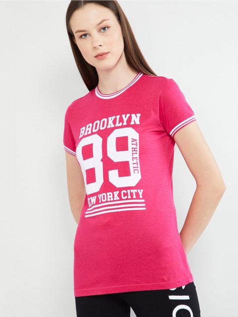 

max Women Fuchsia Pink & White Printed Round Neck T-shirt
