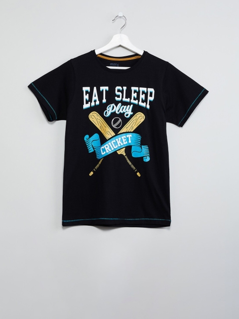 

max Boys Black Printed Round Neck T-shirt