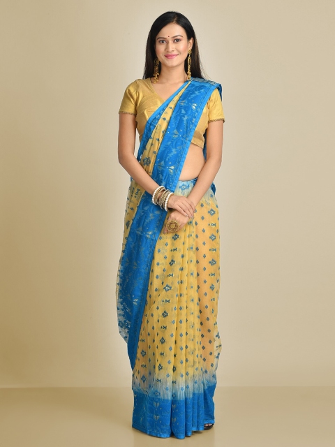

Mitera Beige & Blue Silk Cotton Printed Jamdani Handloom Saree