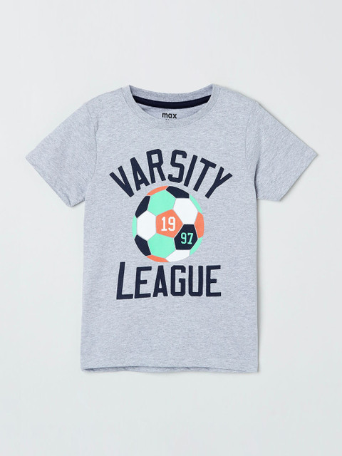 

max Boys Grey & Navy Blue Printed Round Neck T-shirt