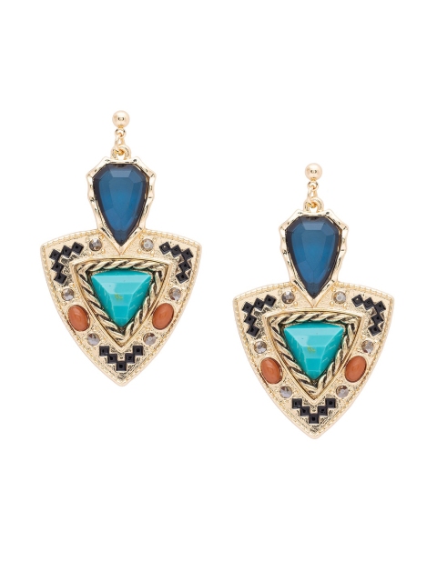 

Globus Gold-Plated & Teal Blue Triangular Drop Earrings