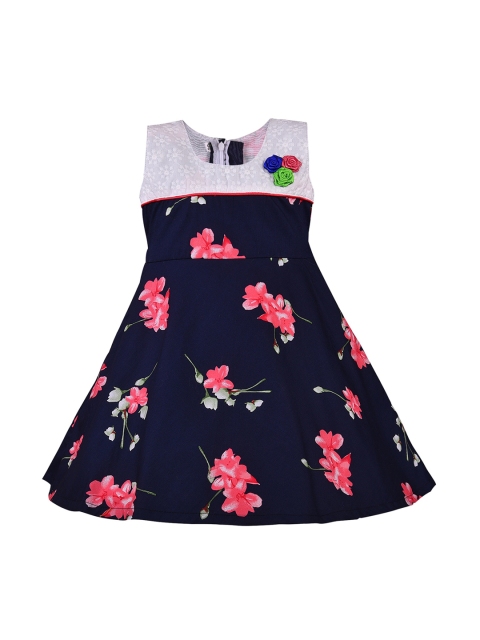 

Wish Karo Girls Navy Blue & Pink Floral Printed Fit and Flare Dress