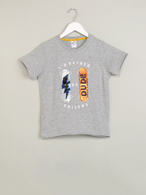 

max Boys Grey Self Design Sequinned Round Neck T-shirt