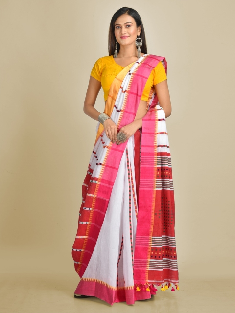 

Mitera White & Red Cotton Blend Solid Taant Saree