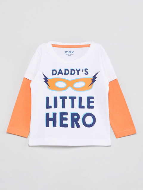 

max Boys White & Orange Printed Round Neck T-shirt
