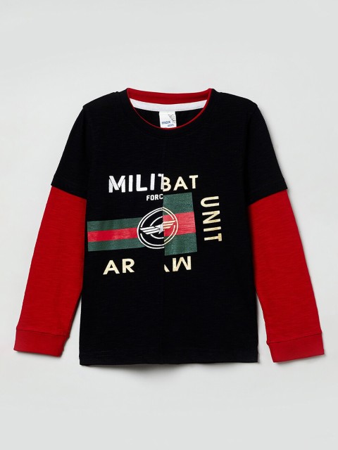 

max Boys Black Printed Round Neck T-shirt