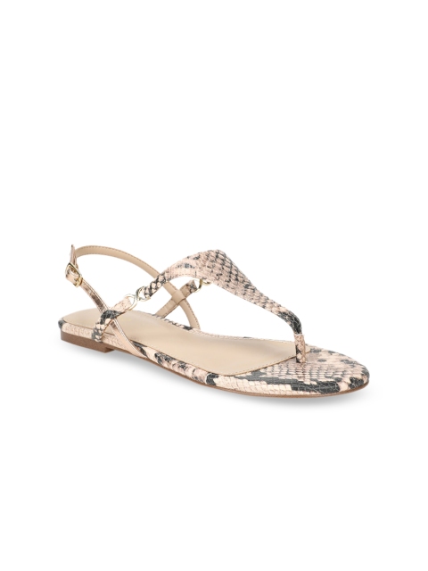 

ALDO Women Beige & Black Animal Printed T-Strap Flats