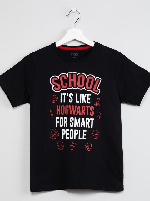 

max Boys Black Printed Round Neck T-shirt