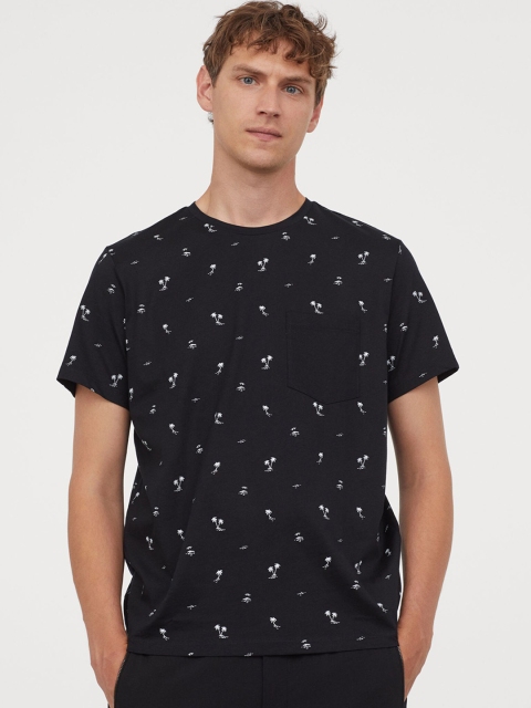 

HM Men Black White Printed Cotton Pure Cotton T-shirt