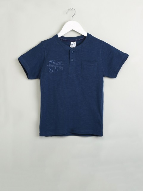 

max Boys Navy Blue Printed Henley Neck T-shirt