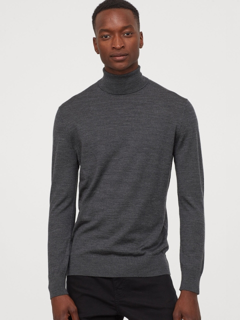 

H&M Men Grey Merino Wool Polo-Neck Jumper