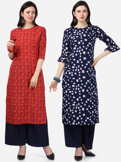 

Silk Bazar Women Pack of 2 Blue & Red Printed Kurta with Palazzos Set