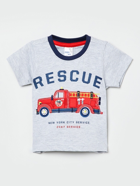 

max Boys Grey Melange Printed Round Neck T-shirt