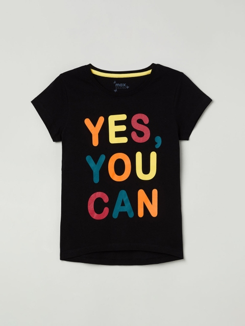

max Girls Black Printed Round Neck T-shirt