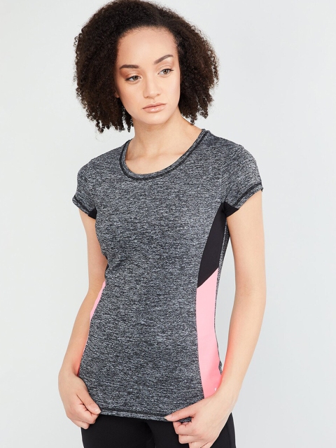 

max Women Grey Solid Round Neck T-shirt with Side Stripes