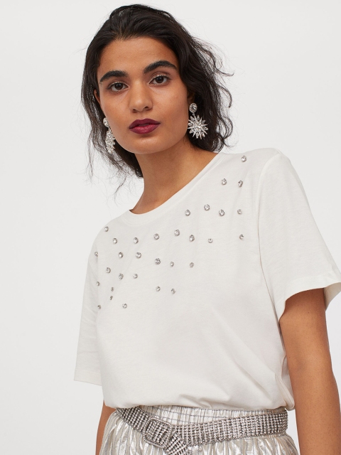 

H&M Women White Rhinestone-Detail T-Shirt