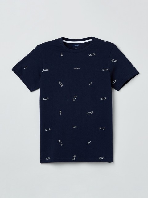 

max Boys Navy Blue Printed Round Neck T-shirt