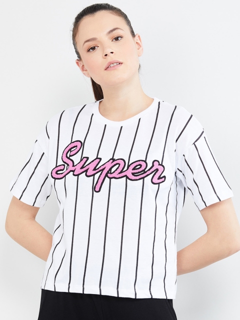 

max Women White & Black Striped Round Neck T-shirt