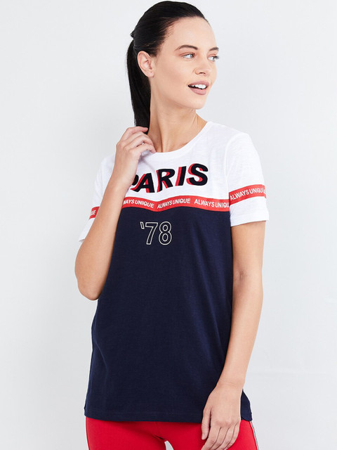 

max Women Navy Blue Colourblocked Round Neck T-shirt