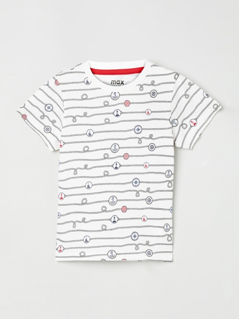 

max Boys White & Black Printed Round Neck T-shirt