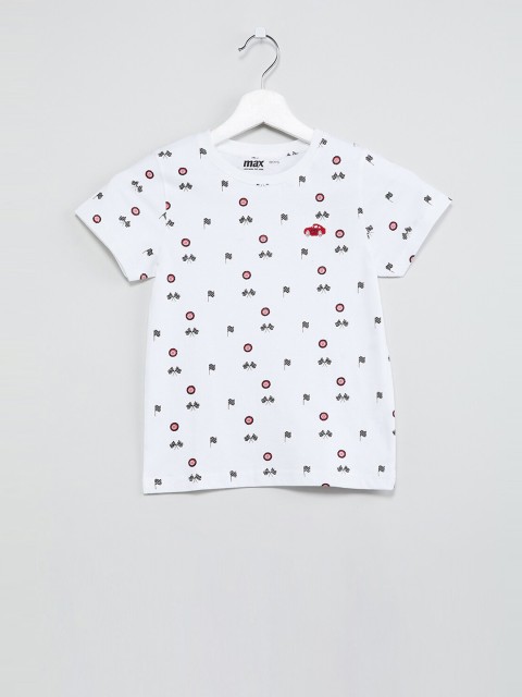 

max Boys White & Black Printed Round Neck T-shirt