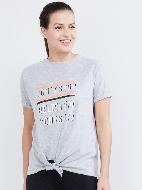 

max Women Grey Melange Printed Round Neck T-shirt