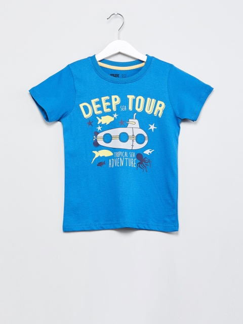 

max Boys Blue & Yellow Printed Round Neck T-shirt