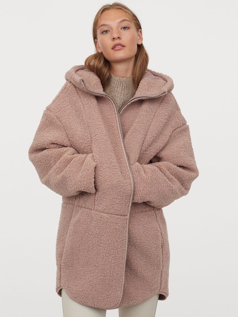 

H&M Women Pink Hooded Faux Shearling Jacket