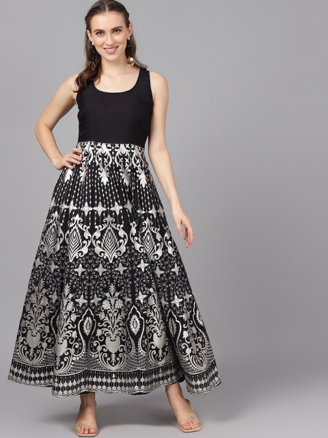

AKS Couture Women Black & Silver-Toned Printed Maxi Dress