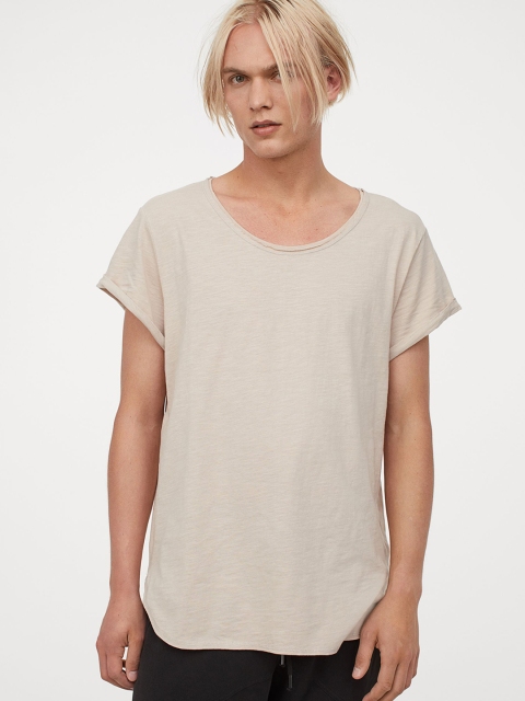 

H&M Men Beige Solid Cotton T-shirt