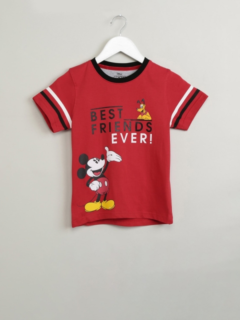 

max Boys Red Mickey Mouse Printed Round Neck T-shirt
