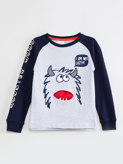 max Boys Grey & Navy Blue Printed Round Neck T-shirt