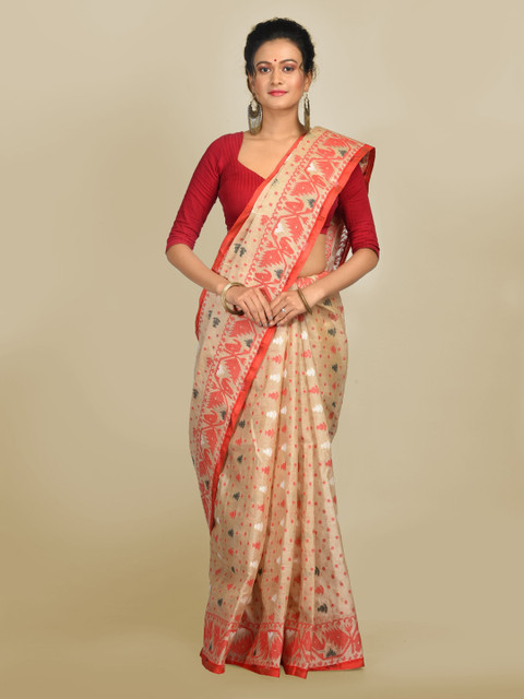

Mitera Beige & Red Pure Cotton Woven Design Jamdani Saree