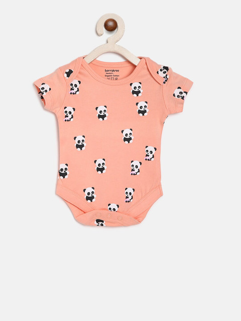 

berrytree Infant Kids Orange & Black Panda Printed Pure Organic Cotton Bodysuit, Peach