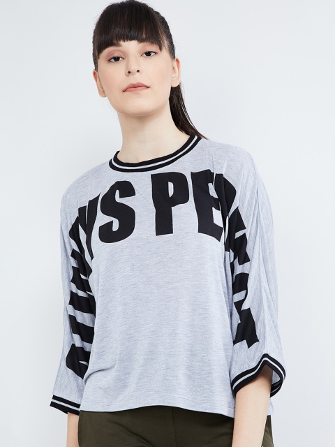 

max Women Grey Melange & Navy Blue Printed Round Neck T-shirt