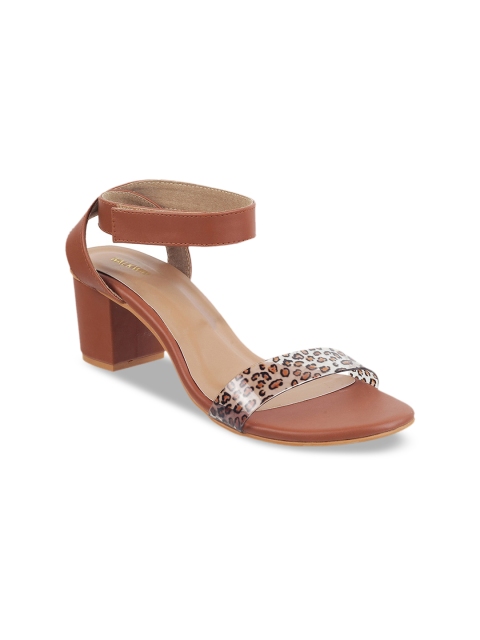 

WALKWAY Women Tan Brown Animal Print Open Toe Block Heels